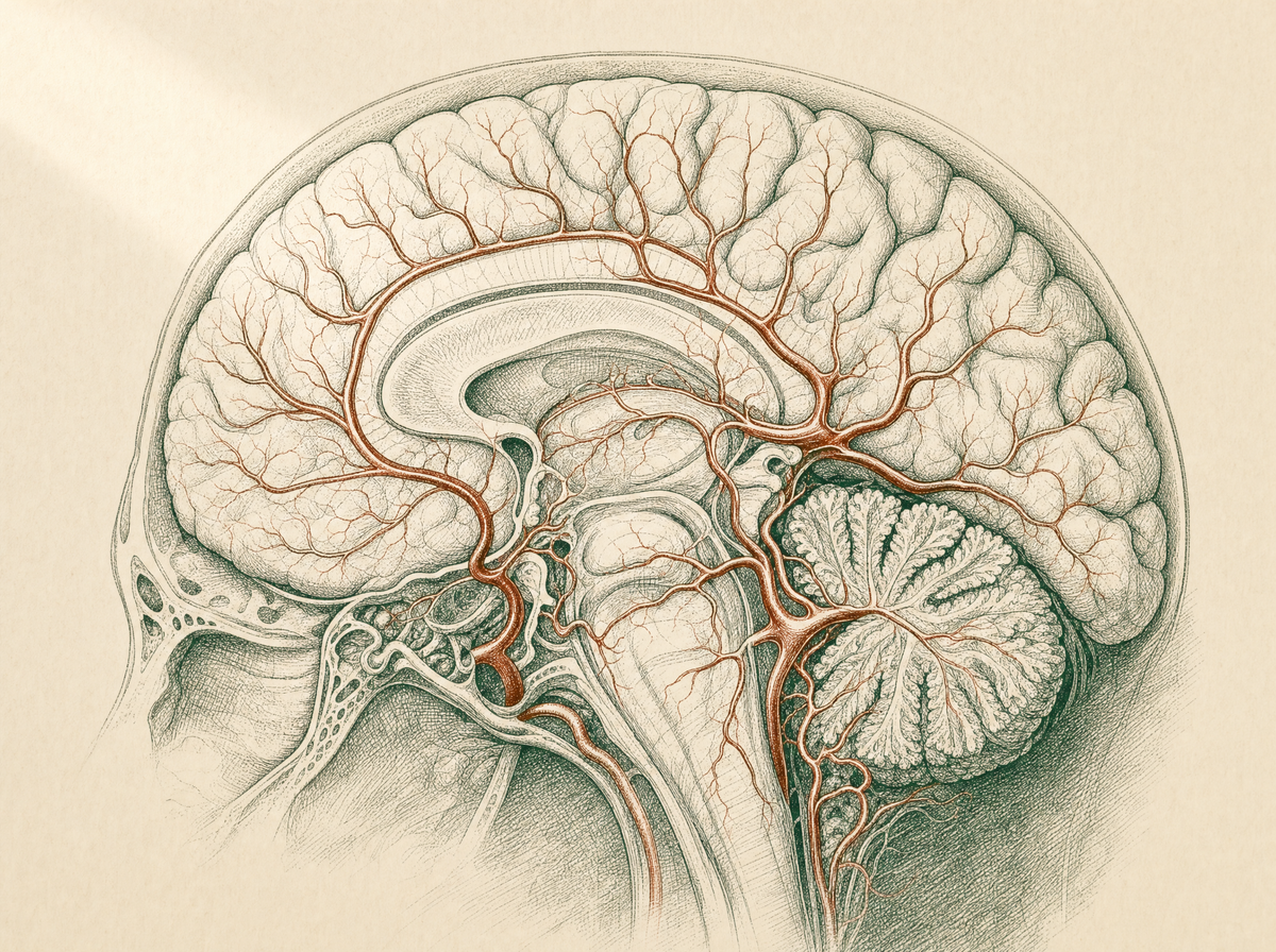 Brain cross-section showing fine arterial network with selected vessels highlighted in sienna.