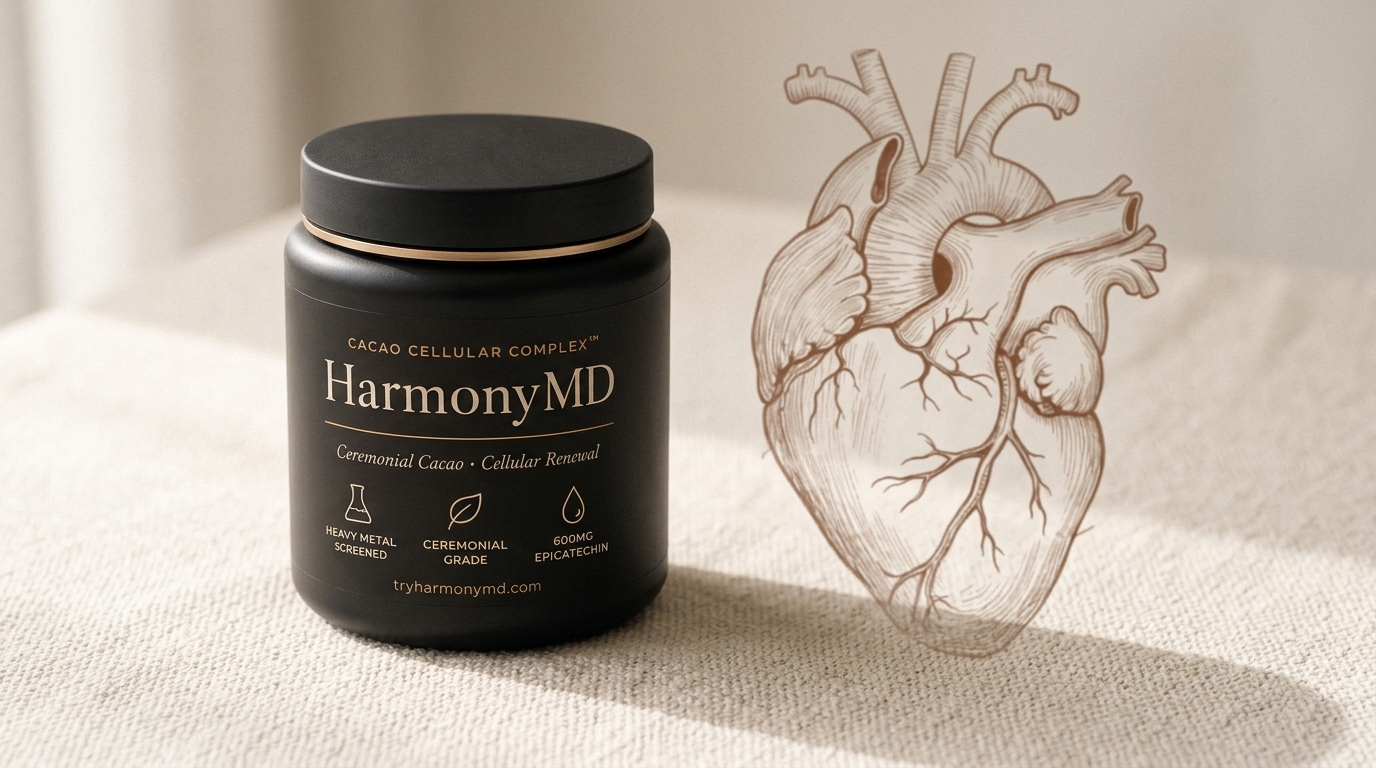 HarmonyMD jar on cream linen with anatomical heart line illustration