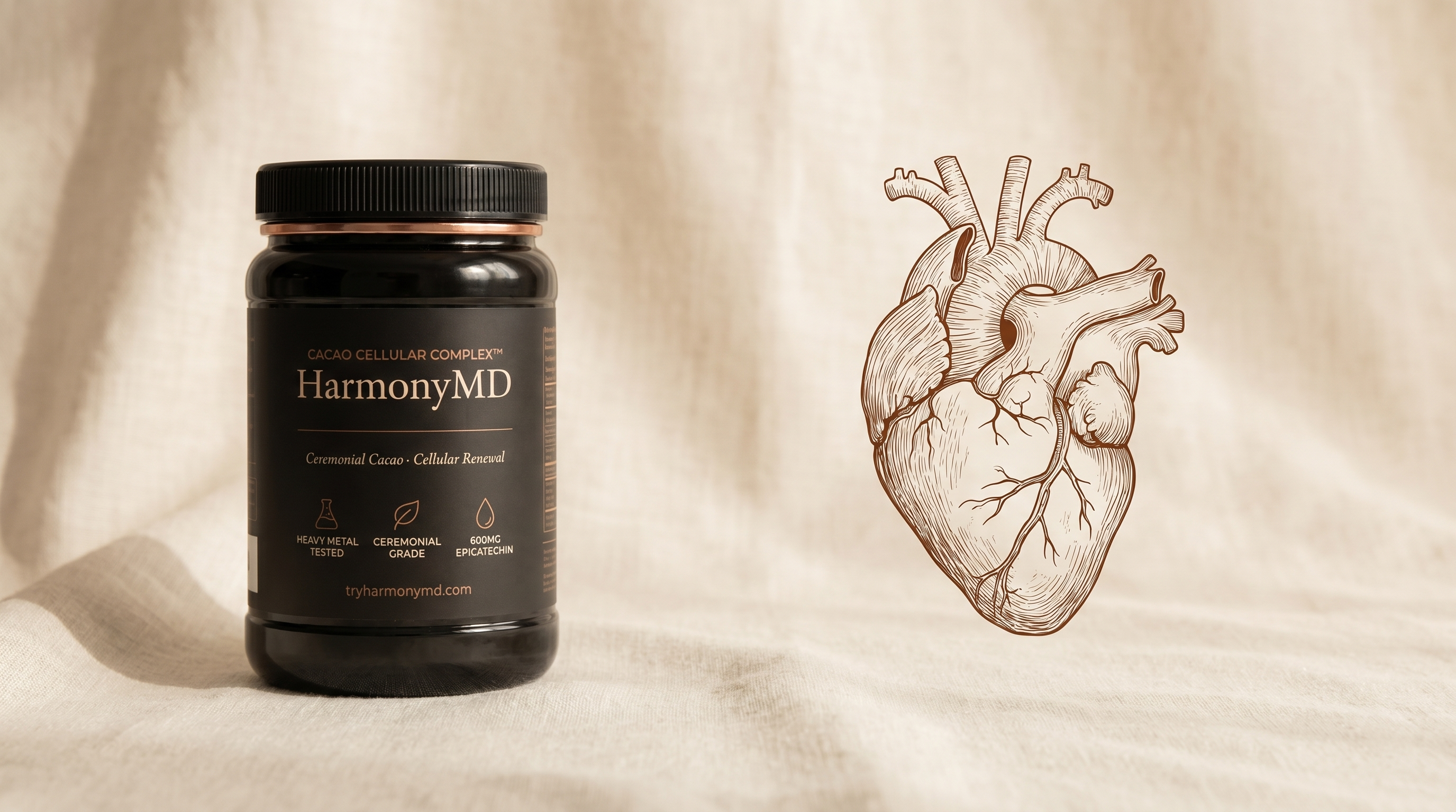 HarmonyMD jar on linen beside an anatomical heart line drawing