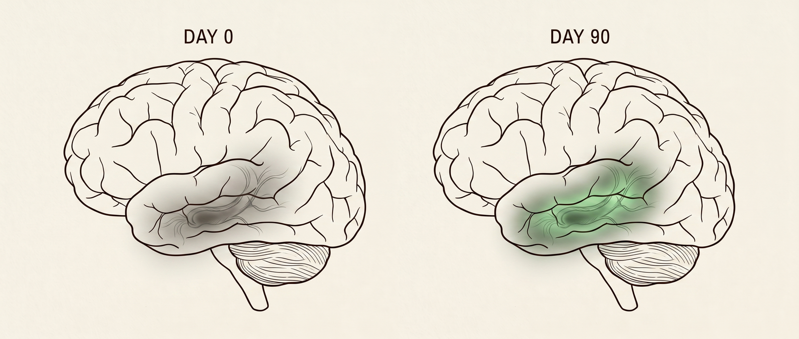 fMRI scans showing dentate gyrus activity Day 0 baseline vs Day 90 restored