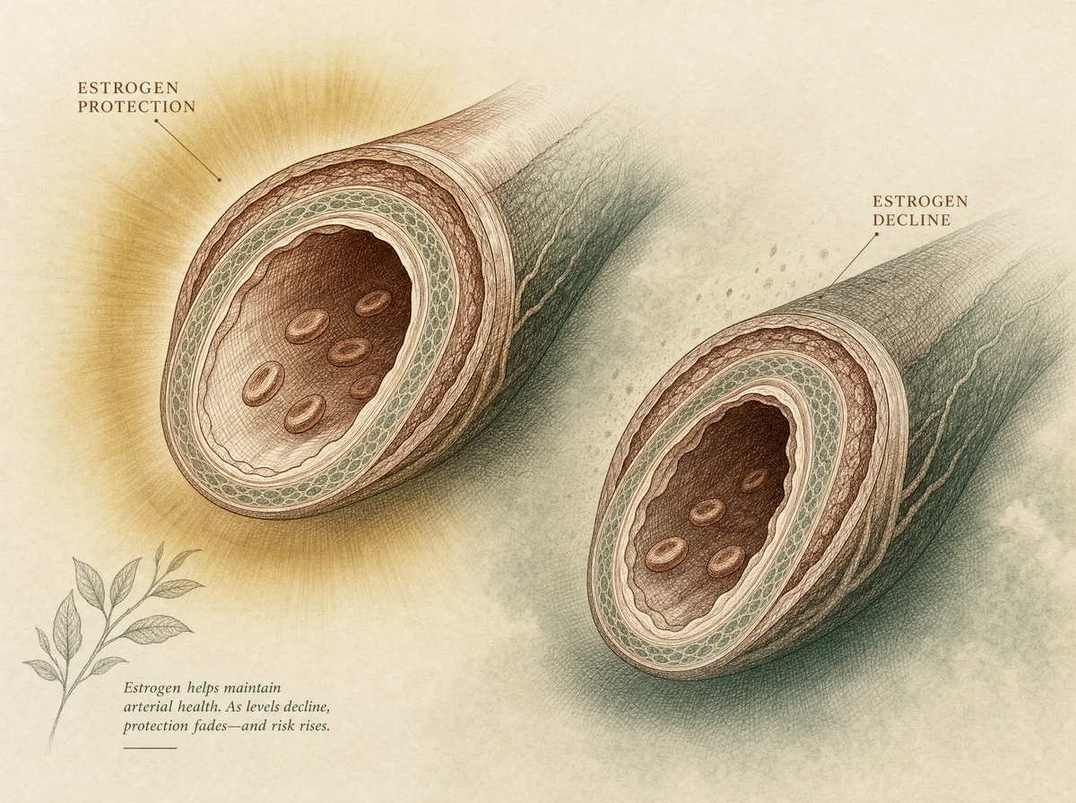 Two artery cross-sections — with and without estrogen's protective halo.