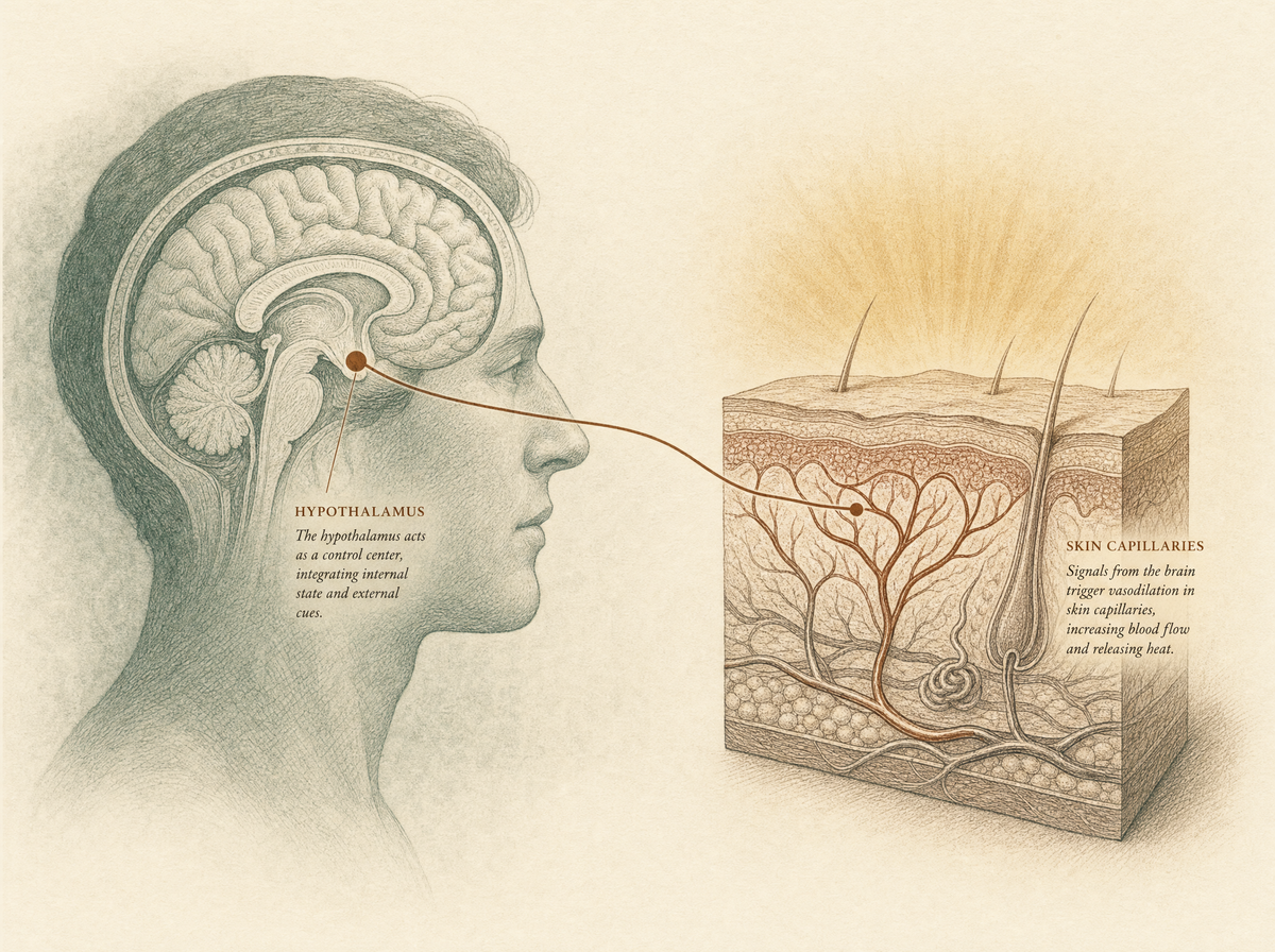 Brain hypothalamus connected to skin capillaries through a thin vascular line.