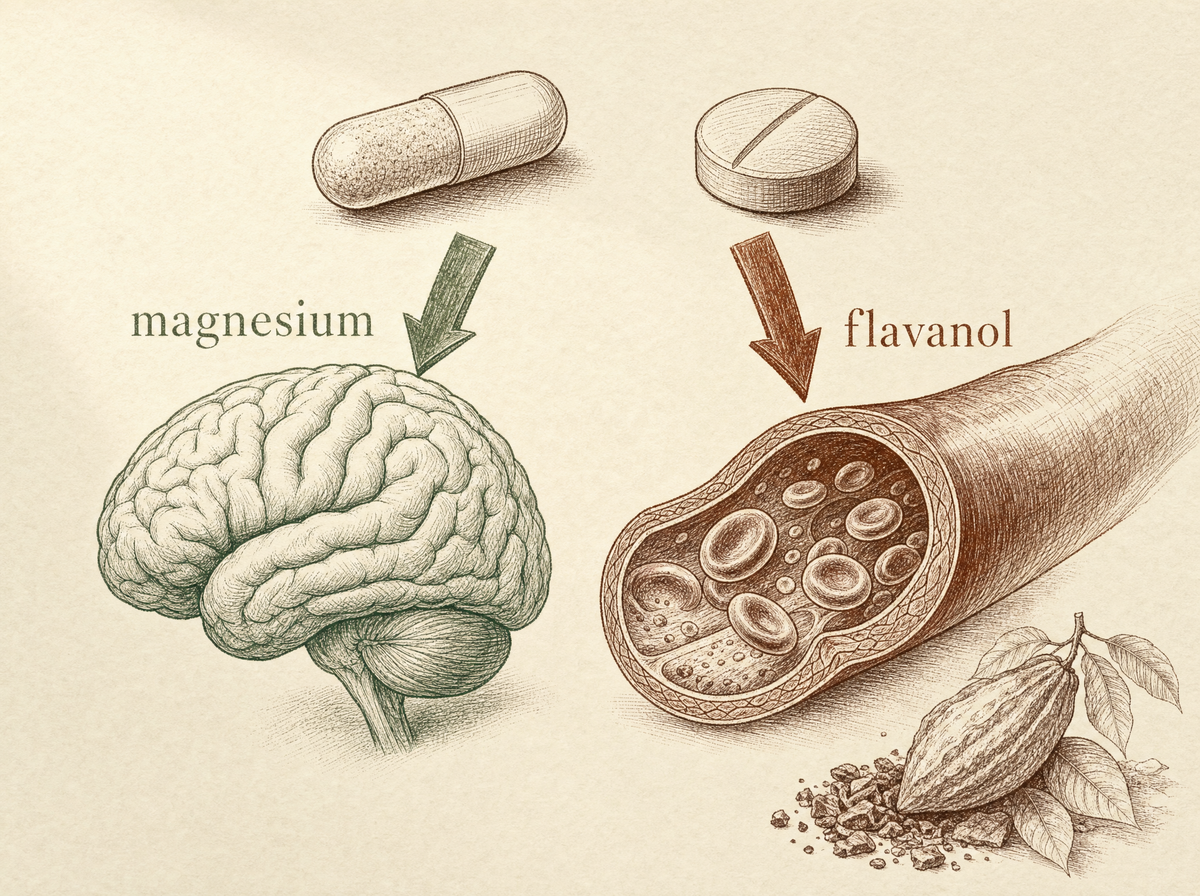 Two pills — magnesium pointing to a brain, flavanols pointing to a blood vessel.