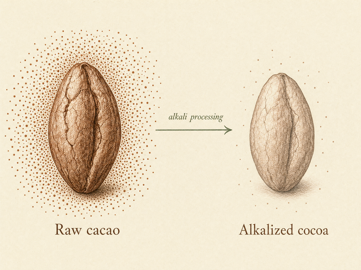 Two cacao seeds — raw and alkali-processed — with flavanol density contrast.