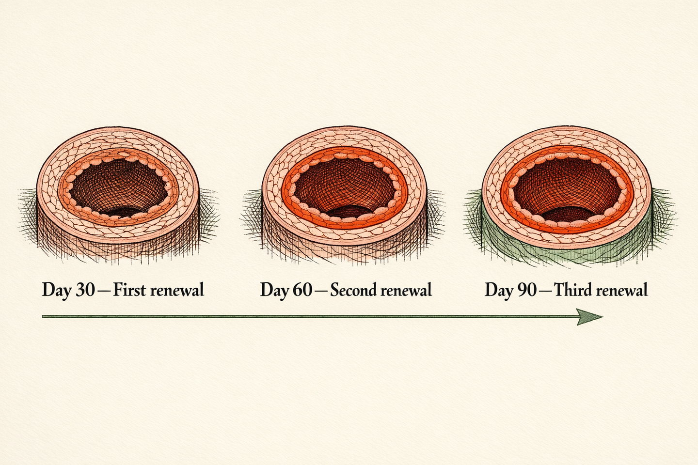 30-day endothelium renewal cycle: Day 30, Day 60, Day 90