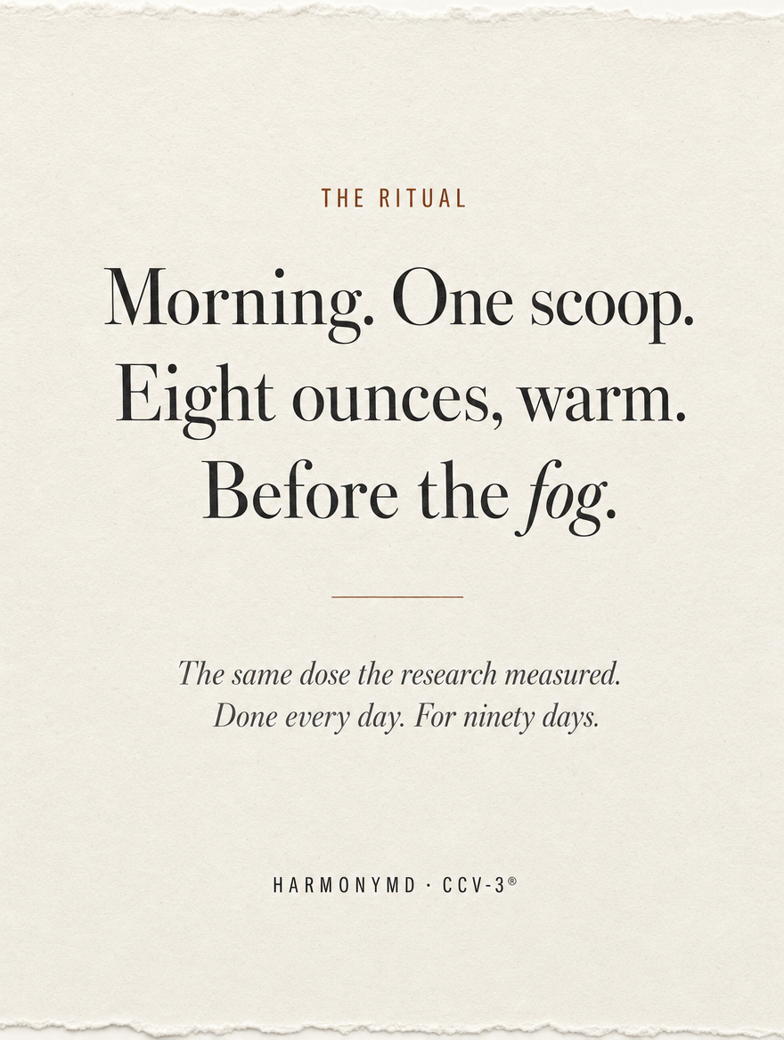 The HarmonyMD morning ritual — one scoop, eight ounces warm, before the fog