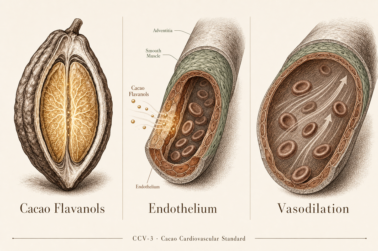 CCV-3 mechanism: cacao flavanols, endothelium, vasodilation