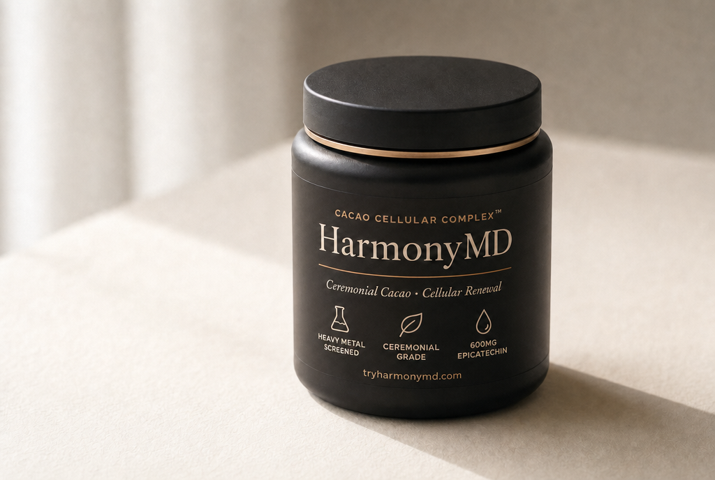 HarmonyMD cacao jar on cream paper showing full label