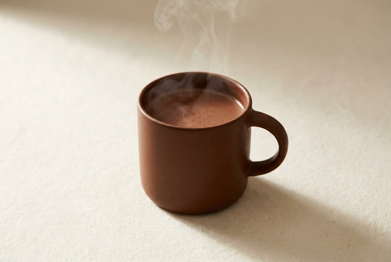 Prepared HarmonyMD cacao beverage in a sienna ceramic mug